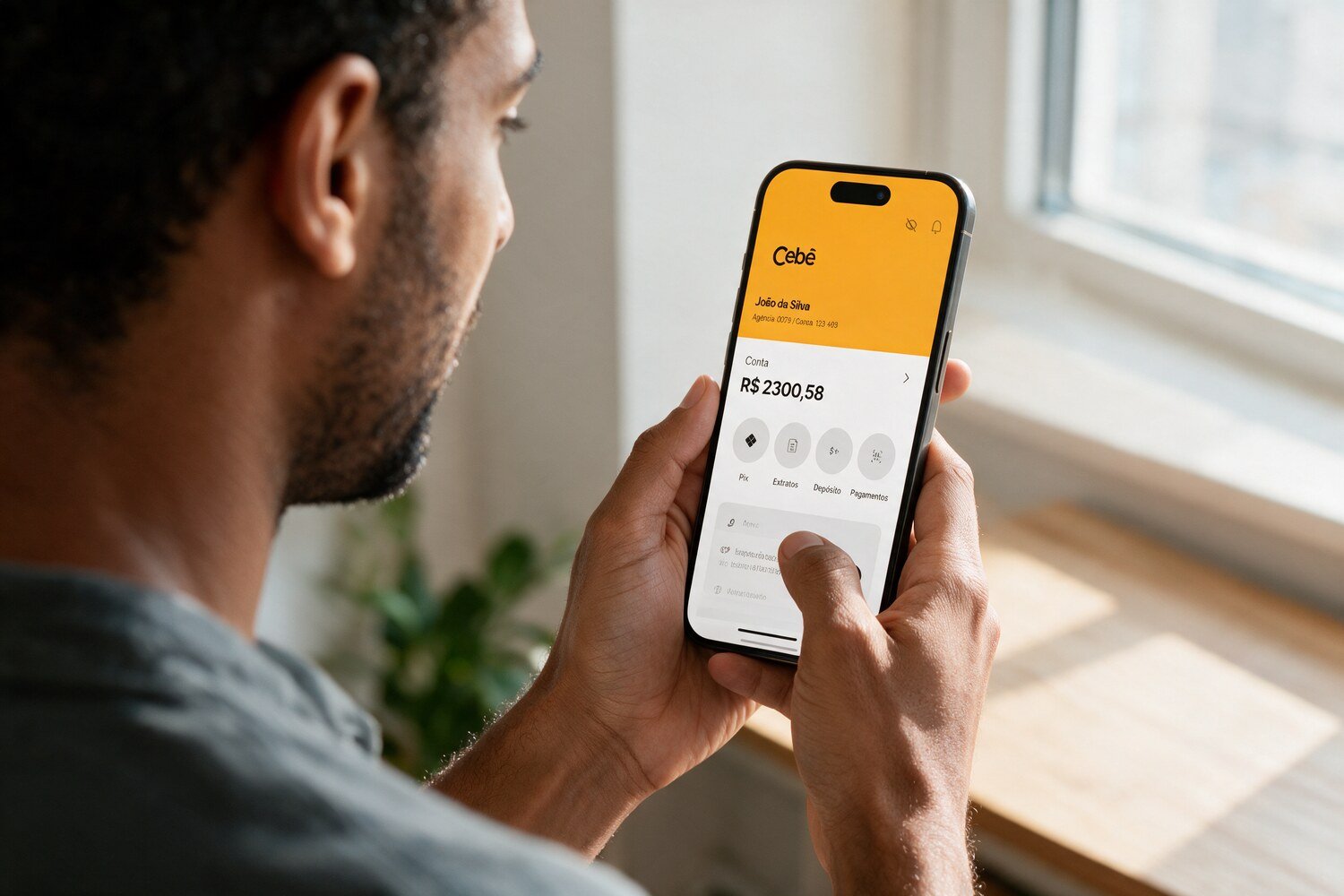 Homem usando o app Cebê no celular, com a conta aberta na tela