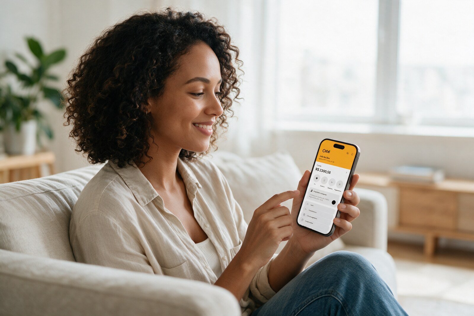 Mulher usando o App Cebê no celular, com a tela da conta aberta